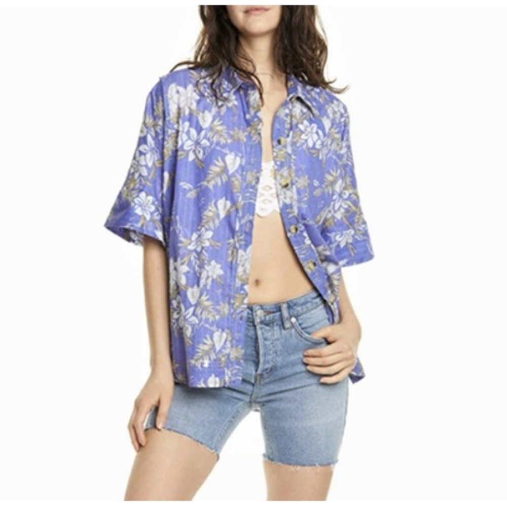 We The Free Shirt Womens Small Purple Floral Hawaiian Button Up Love Letters